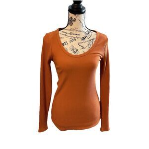 Culture Code Scoop Neck Shirt RIbbed Fitted Small Rust Camel New Stretch
